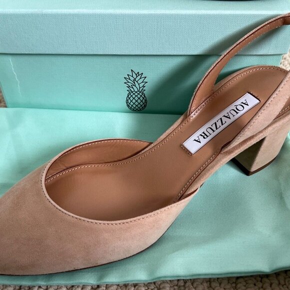 Aquazzura Talita Beige New Nude Suede Block Heel Slingback Pumps - Picture 3 of 14